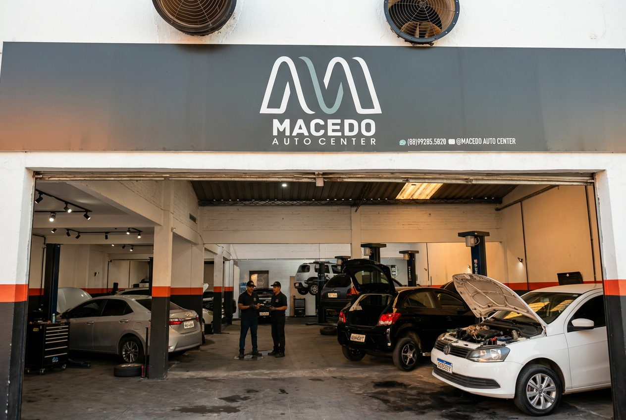 Fachada da oficina Macedo Auto Center com carros nos elevadores